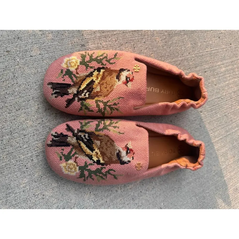 TORY BURCH Soft Smoking Slipper Pink Needlepoint Bird and Floral Motif 7.5 ~ New